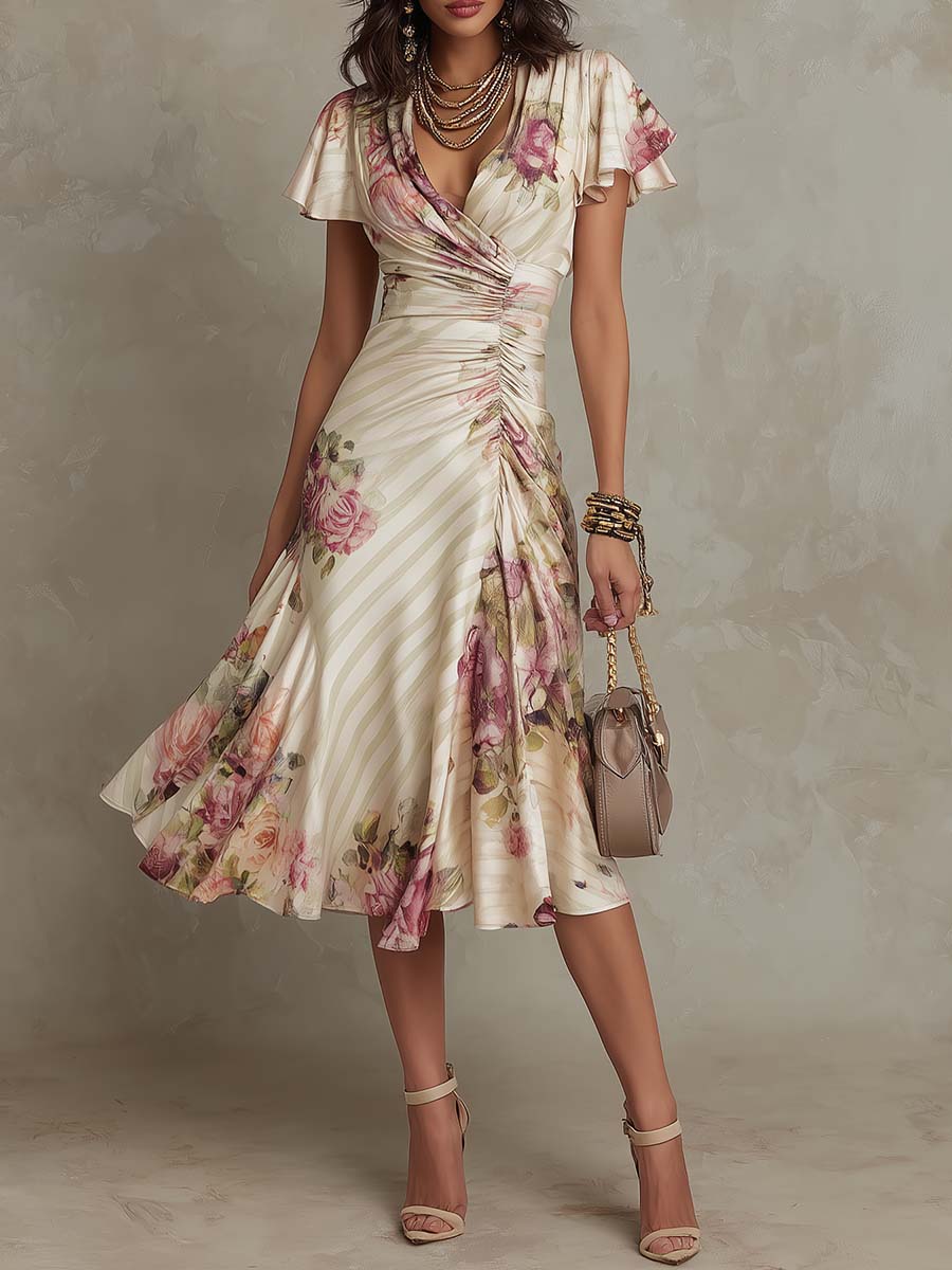 Alba™ | Elegancka satynowa sukienka midi w stylu retro z kwiatowym wzorem